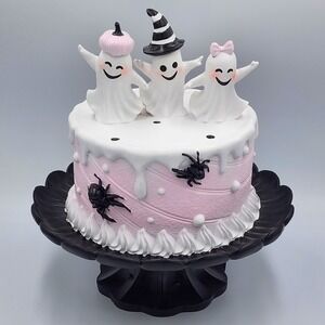 Pinkoween Halloween Ghost Cake‎ Spooky Sweet Pastel Decor Black Pedestal 12" NEW